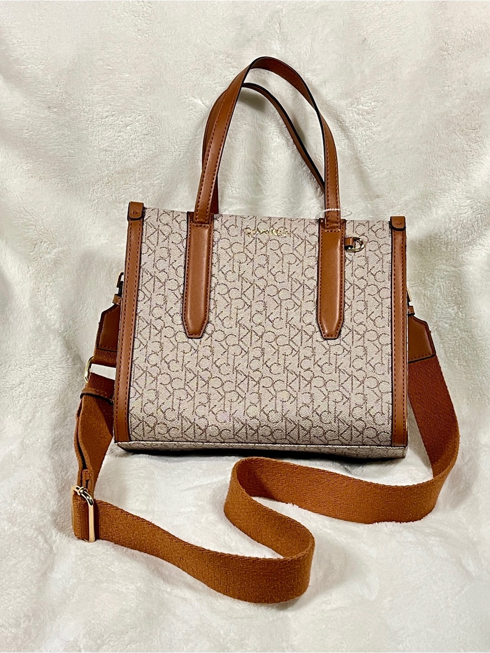 Calvin Klein Cream Canvas Logo Tote with Brown Trim and Adjustable Strap